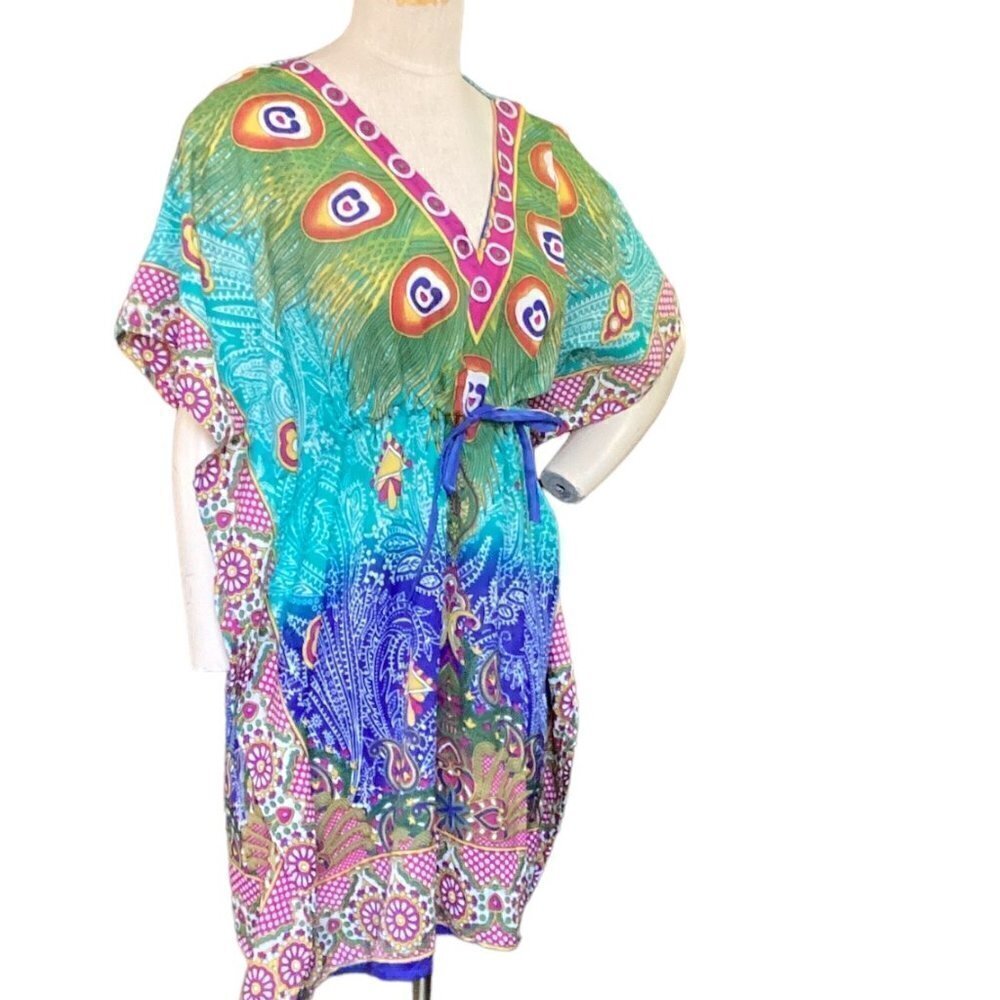 NWT Phases Colorful‎ Mixed Print Kaftan Swim Cover-up Tunic Dress One-Size #148K